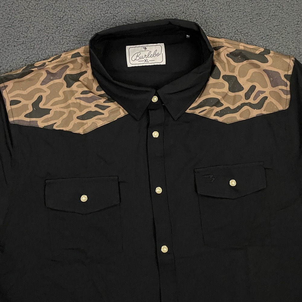 Burlebo Performance Western Shirt Mens XL Black Camo Pearl Snap Short Sleeve